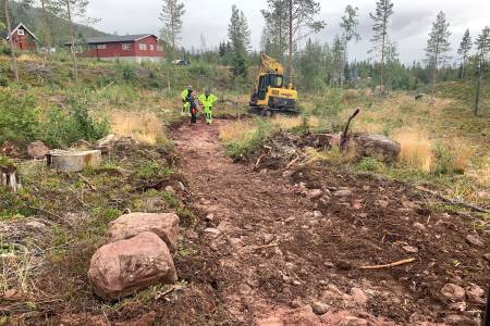 Her kommer Fulufjellets første bygde stier. Totalt en halv kilometer sti fordelt på en grønn og en blå løype står klare til høstferien. Foto: Fulufjellet alpinsenter