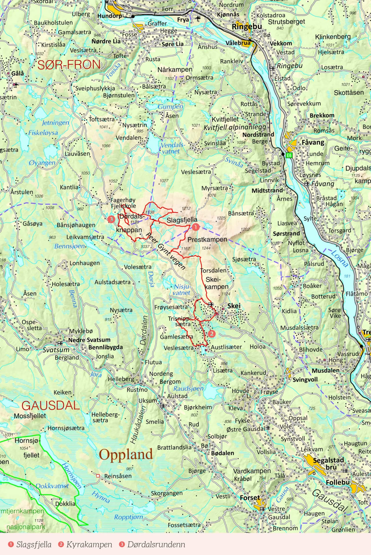 Oversiktskart over Skeikampen med inntegnet rute. Fra Stisykling i Norge.