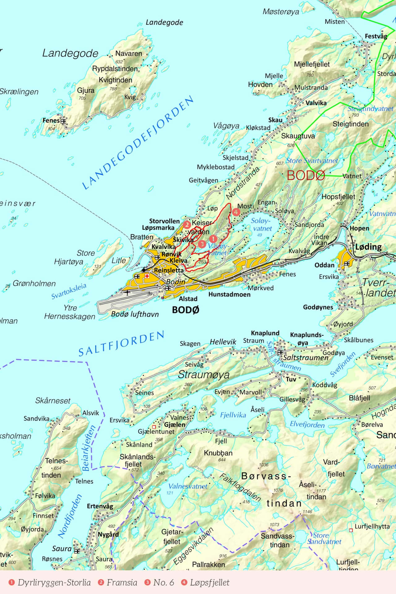 Oversiktskart over Bodø med inntegnet rute. Fra Stisykling i Norge.