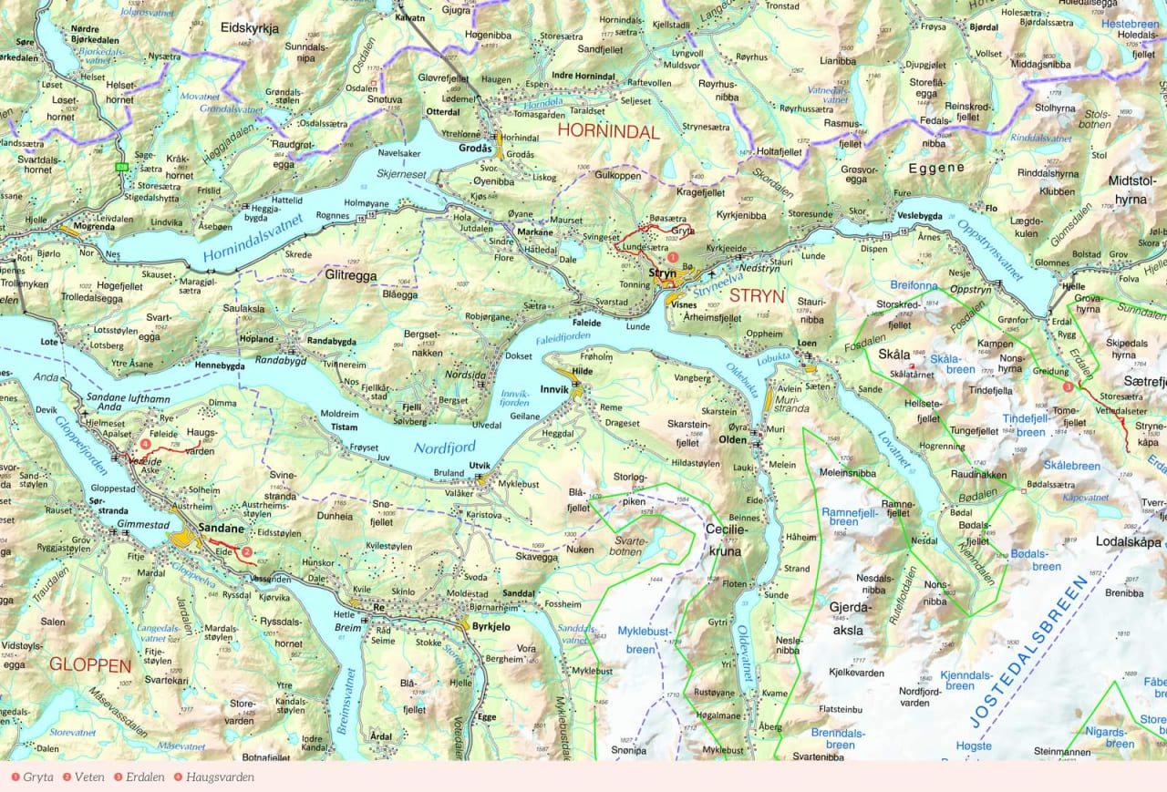 Oversiktskart over Stryn/Nordfjord med inntegnet rute. Fra Stisykling i Norge.