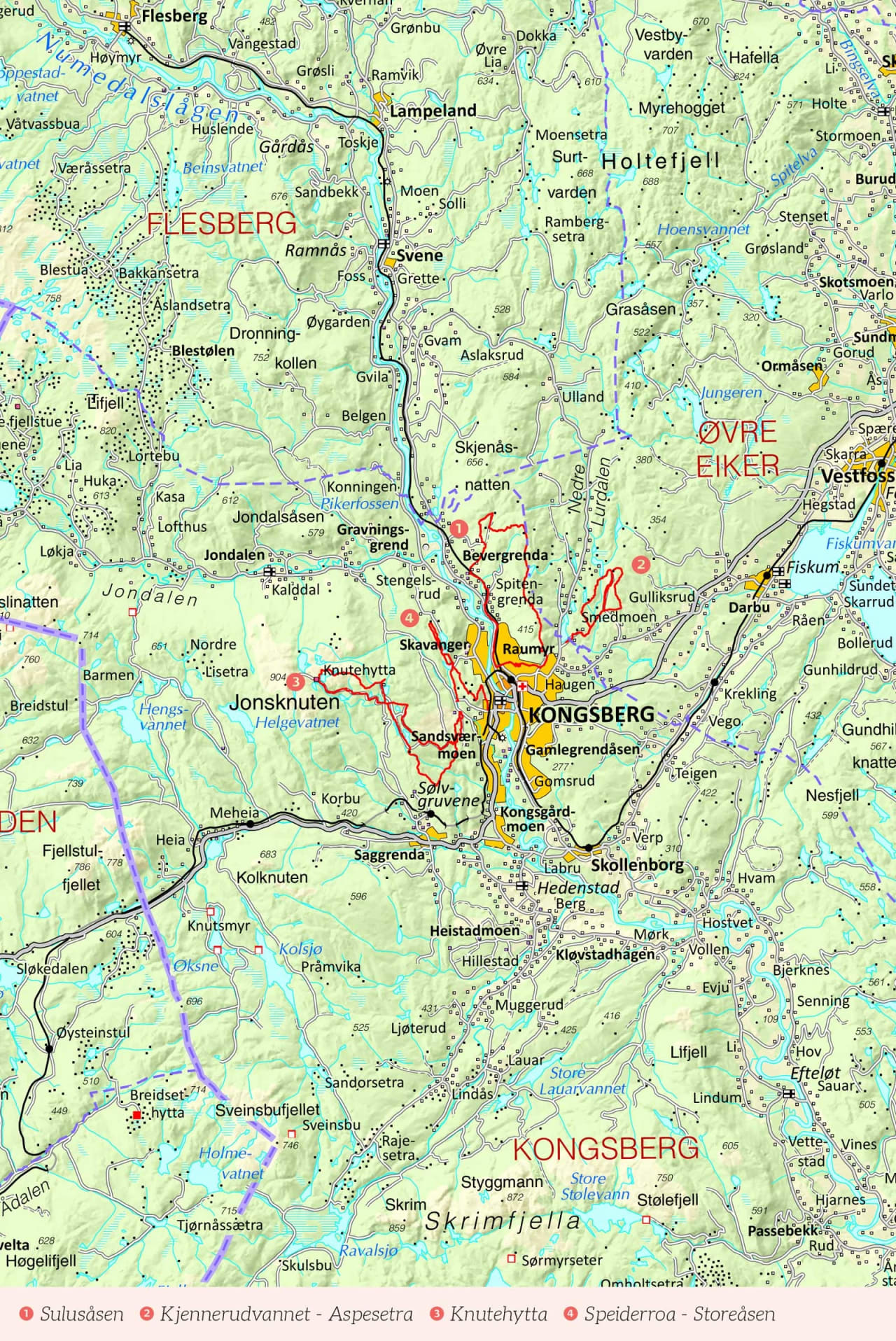 Oversikstkart over Kongsberg med inntegnet rute. Fra Stisykling i Norge.