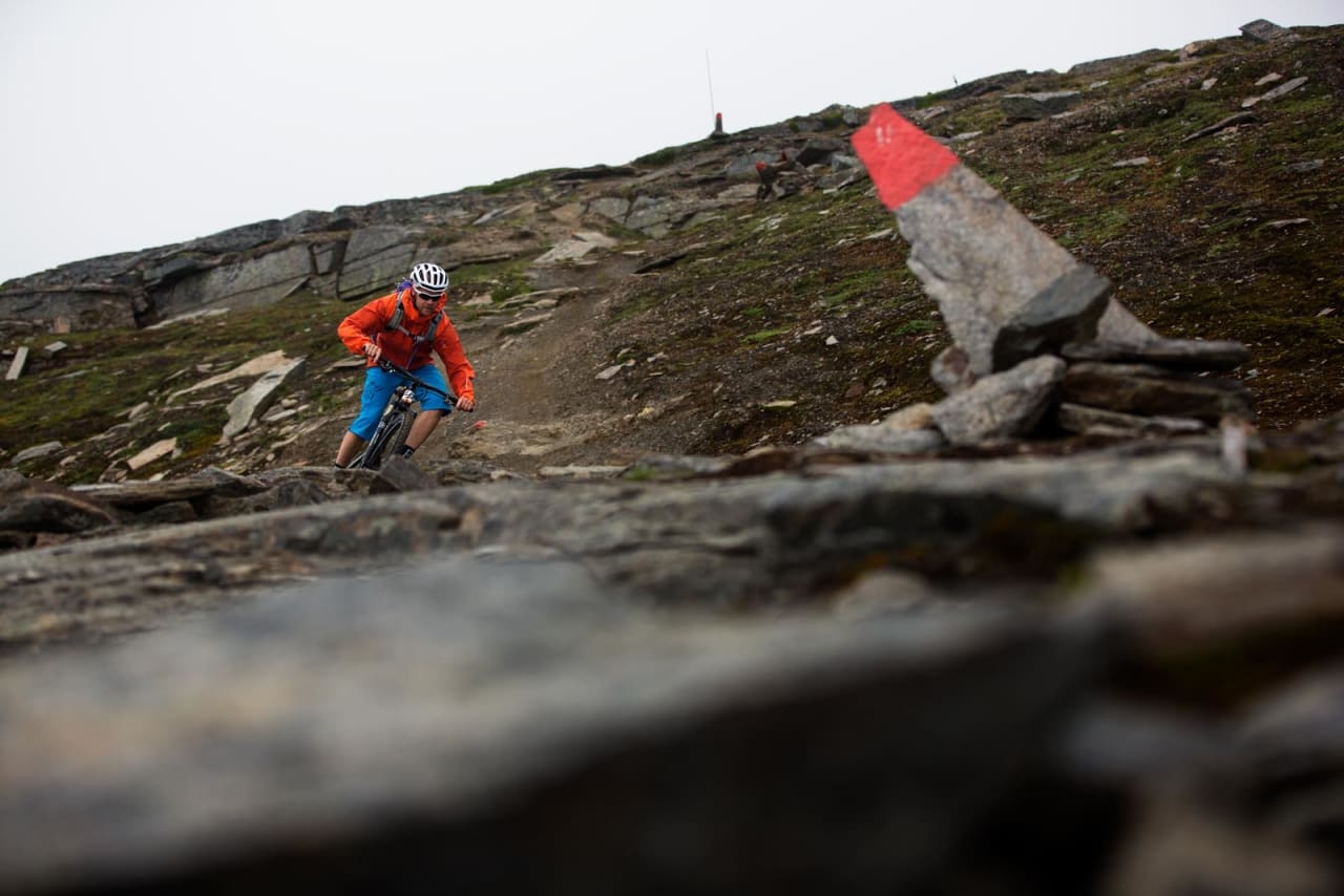 Stien fra Låktåjåkka fjellstasjon ned mot E10 er lang, sammenhengende og sinnssyk morsom. / Stisykling i Norge