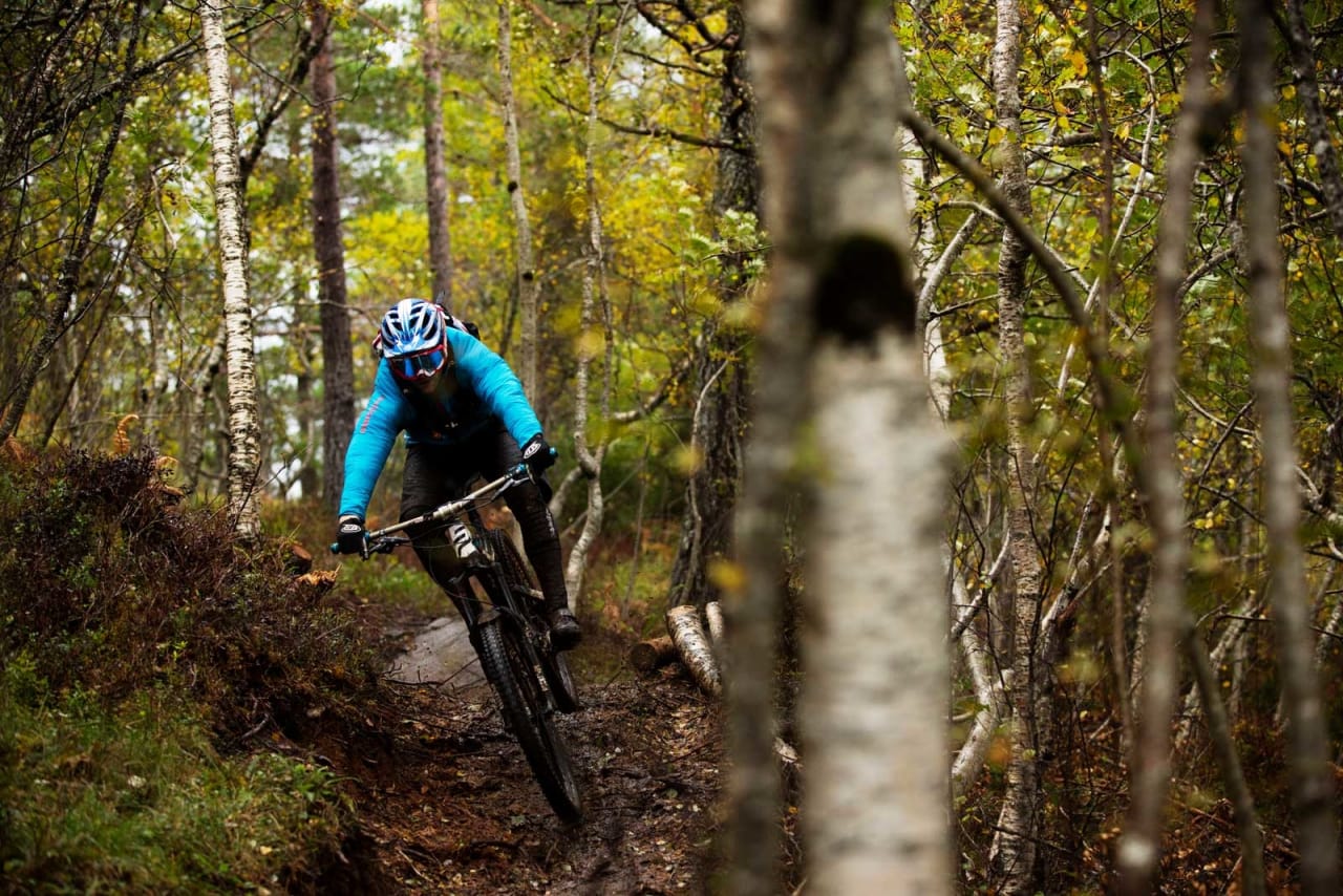 I Moldemarka har det i senere år utviklet seg et stisyklistmiljø som både bygger og utbedrer stier. Pål Nakken gir på ned Axess-stien. / Stisykling i Norge.