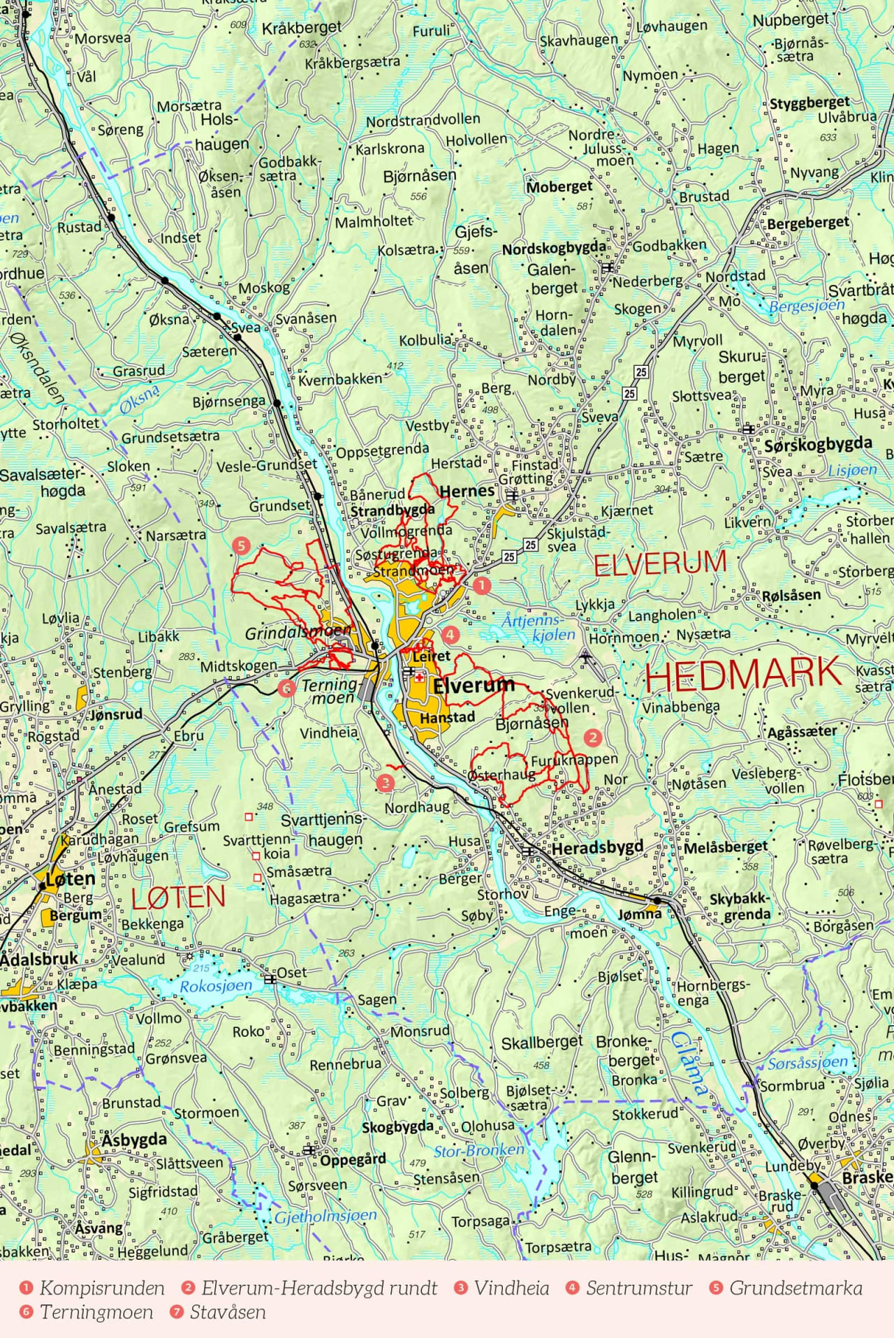 Oversiktskart over Elverum med inntegnet rute. Fra Stisykling i Norge.