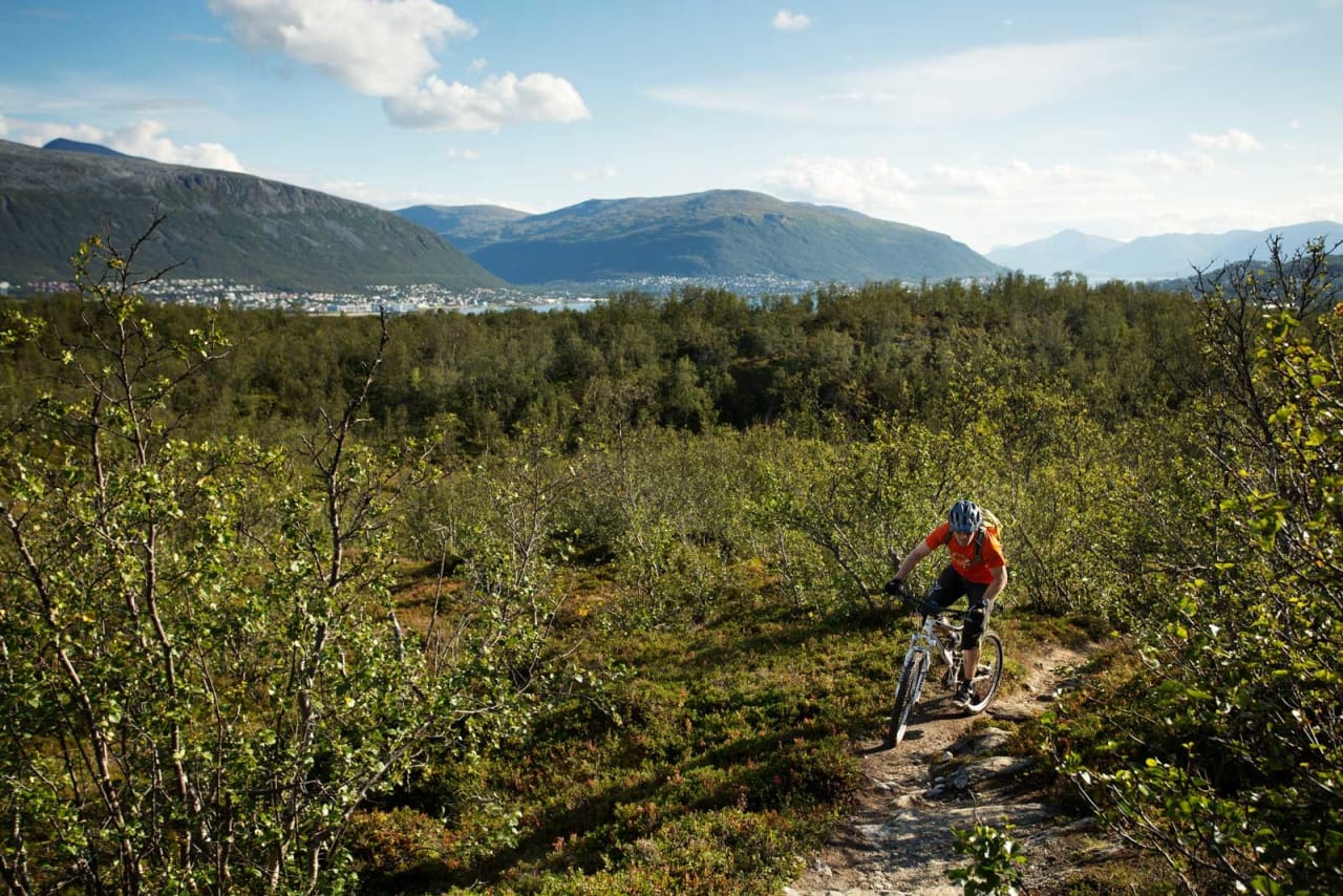 På Tromsøya har Tomas Løkken fine stier praktisk talt utenfor stuedøra. / Stisykling i Norge.