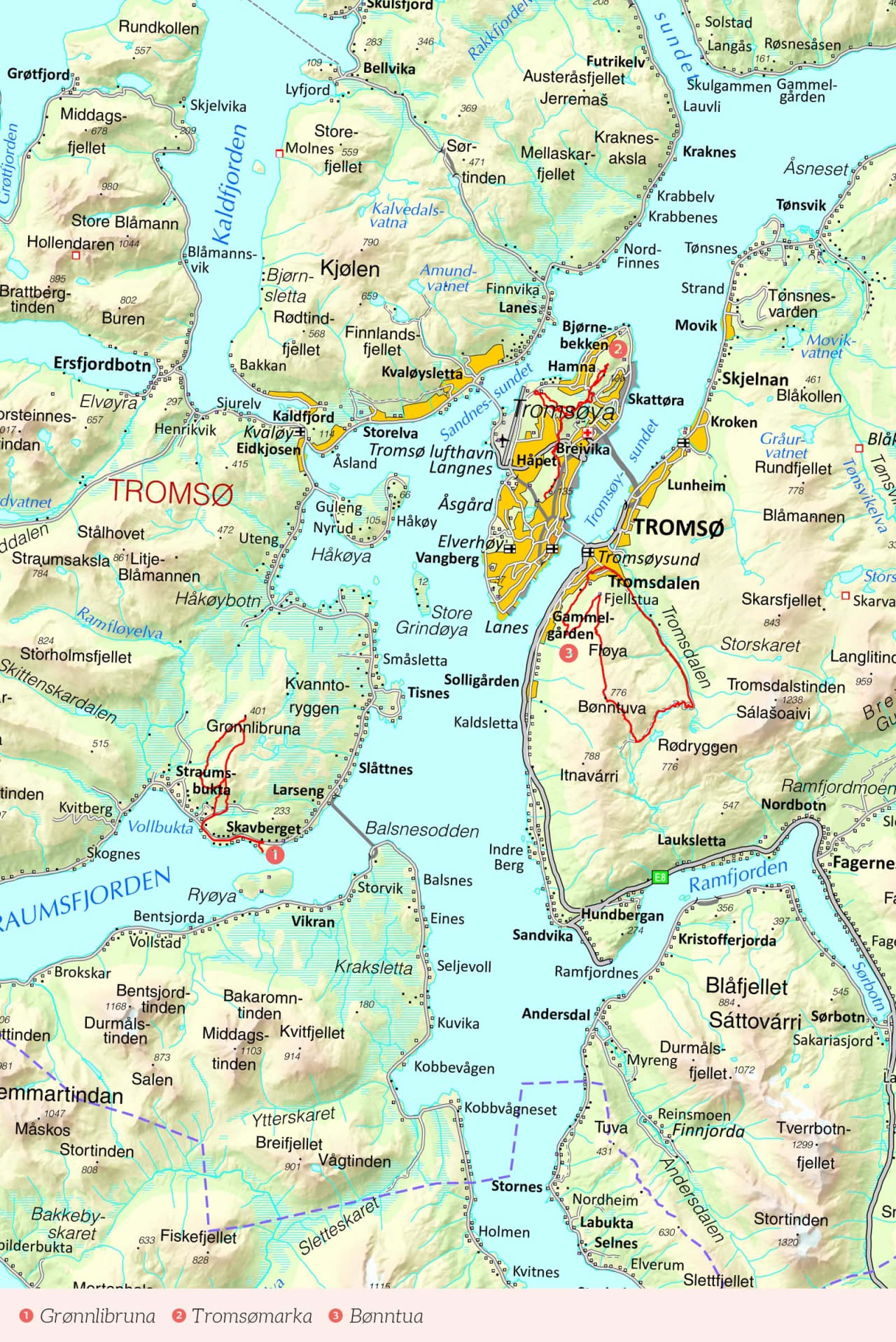Oversiktskart over Tromsø med inntegnet rute. Fra Stisykling i Norge.