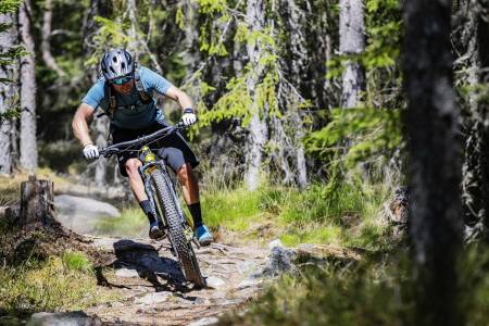 GØY I GRIMSÅSEN: Terrengsykkel-redaktør Kristoffer H. Kippernes på en av de morsomme stiene i Grimsåsen rett utenfor sentrum i Trysil. Foto: GT.